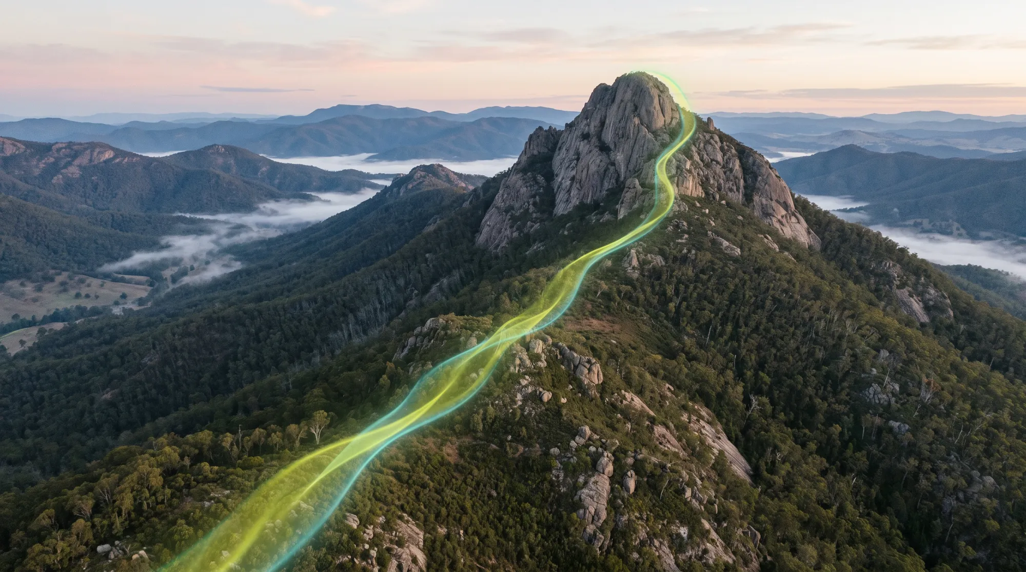 Dawn over a granite peak in the Brindabella Ranges, with a ribbon of green light tracing the ridge to the summit