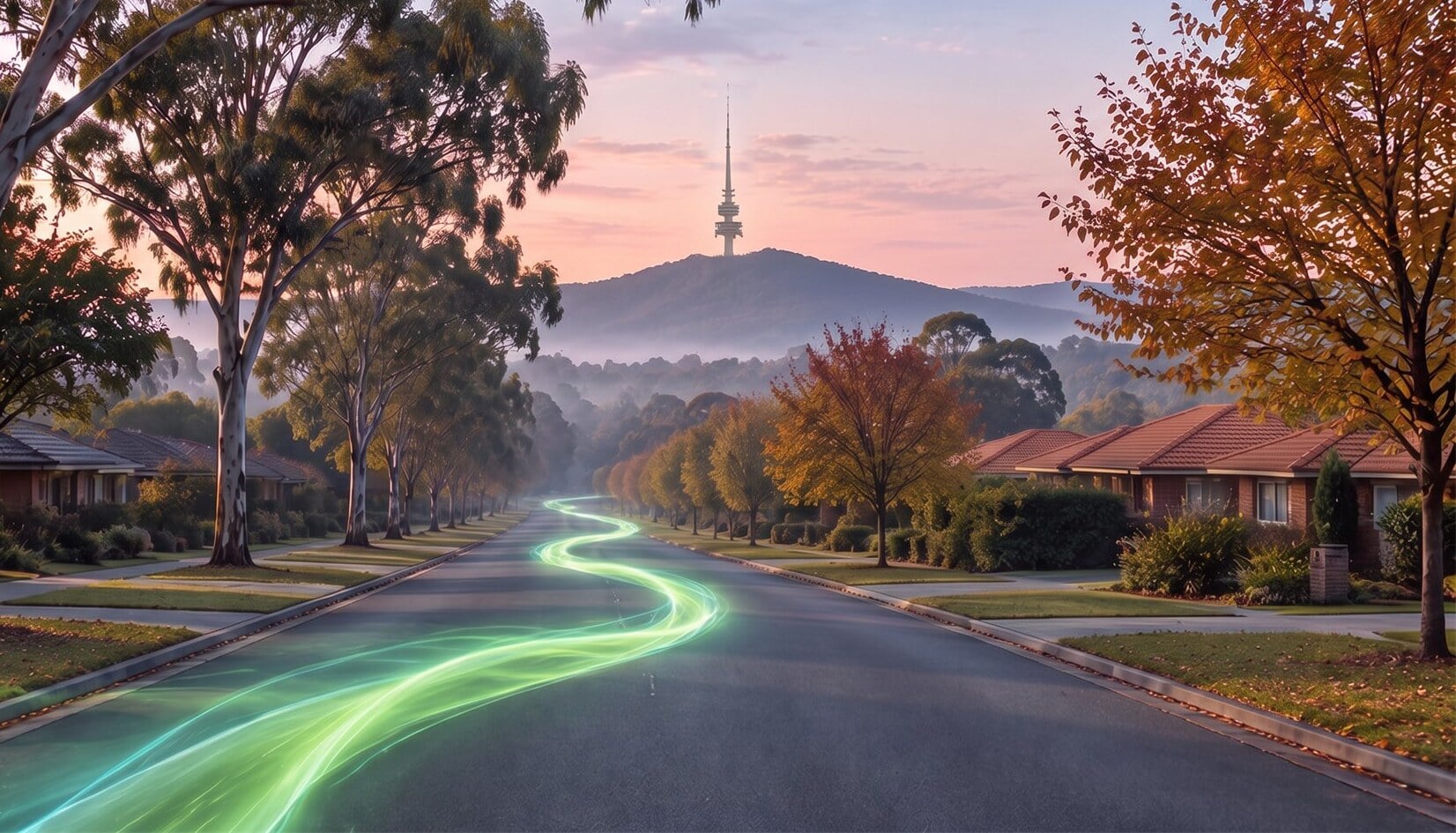 A quiet Canberra street at dawn, gum trees and brick homes, with Telstra Tower on Black Mountain ahead and a ribbon of green light running up the road
