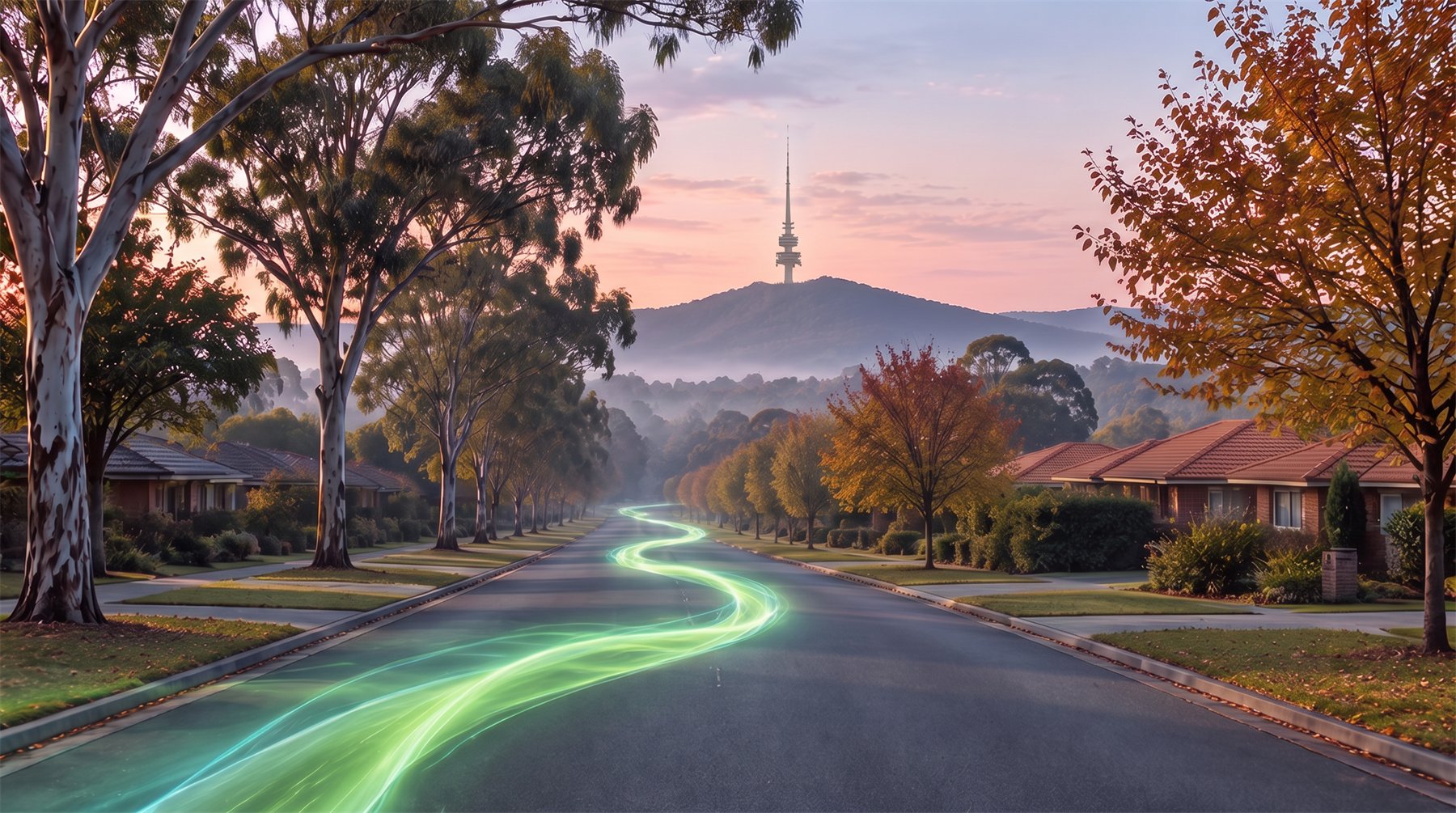A quiet Canberra street at dawn, gum trees and brick homes, with Telstra Tower on Black Mountain ahead and a ribbon of green light running up the road