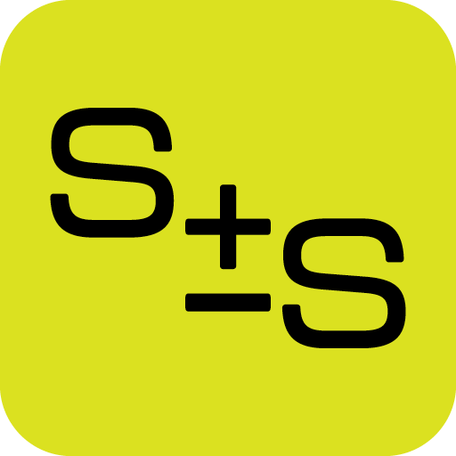 A yellow square with rounded corners displays two large black "S" letters, one upright and one upside down, separated by a plus-minus (±) symbol.
